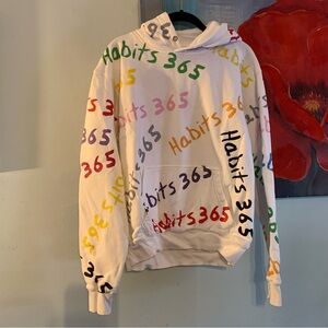 Habits 365 Fleece Hoodie Pullover Sweatshirt White All Over Logo Print M Medium
